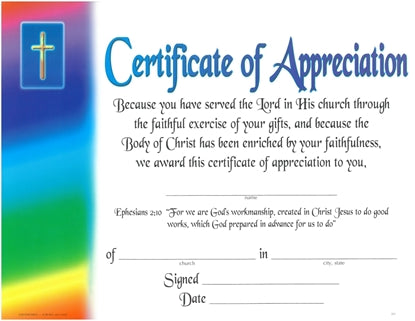 Certificate of Appreciation - multi-color w/cross